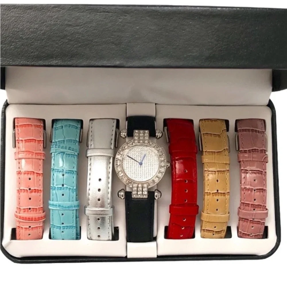 REAL COLLECTIBLES BY ADRIENNE WATCH SET CRYSTAL BEZEL & 7 COLORFUL BANDS - NIB